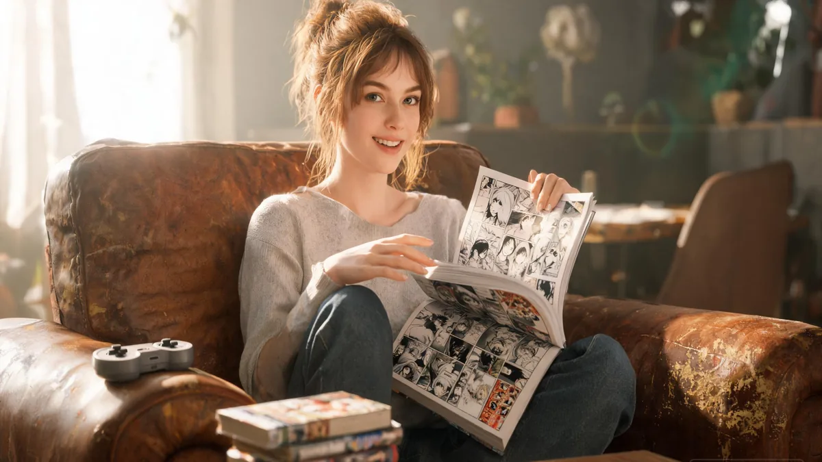 Battle shonen fan with a stack of manga and a controller at hand, the everyday picture of a long-running fight-focused anime habit