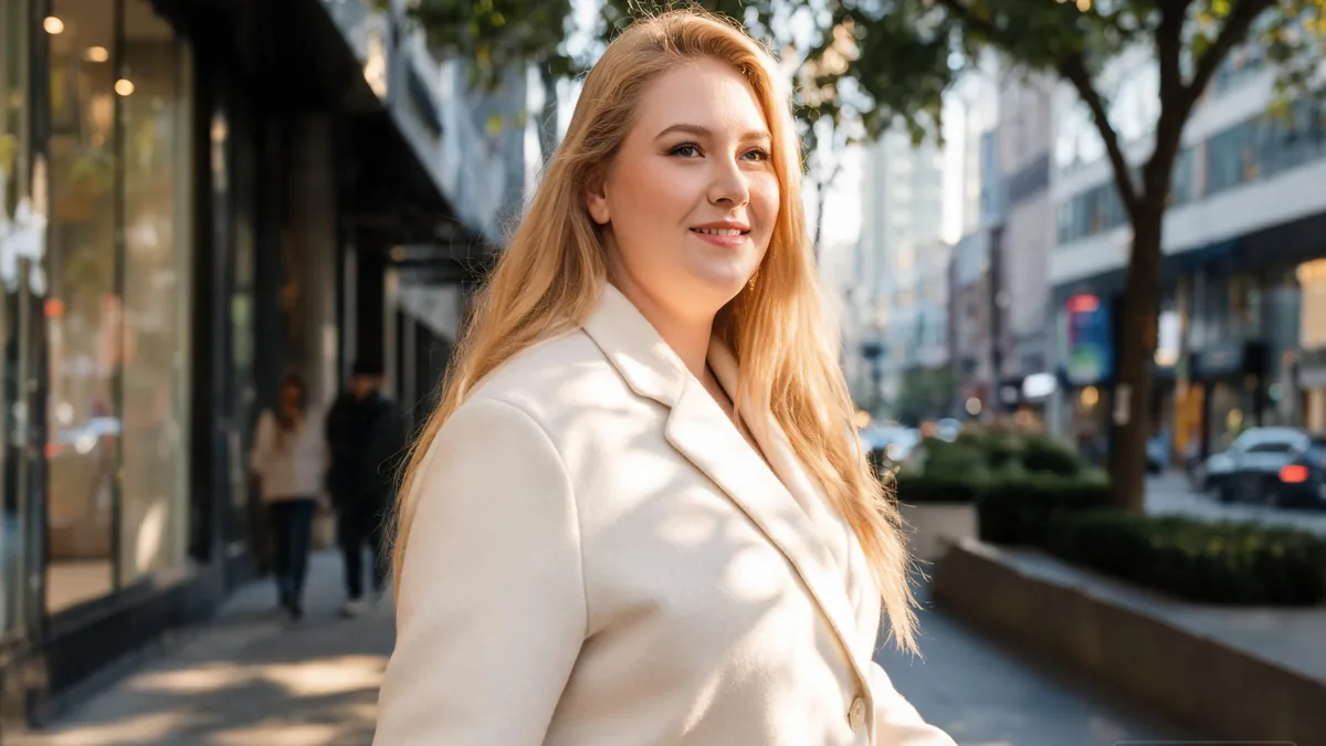A BBW woman walking confidently in a sunlit city street, the kind of body-positive everyday moment the term celebrates