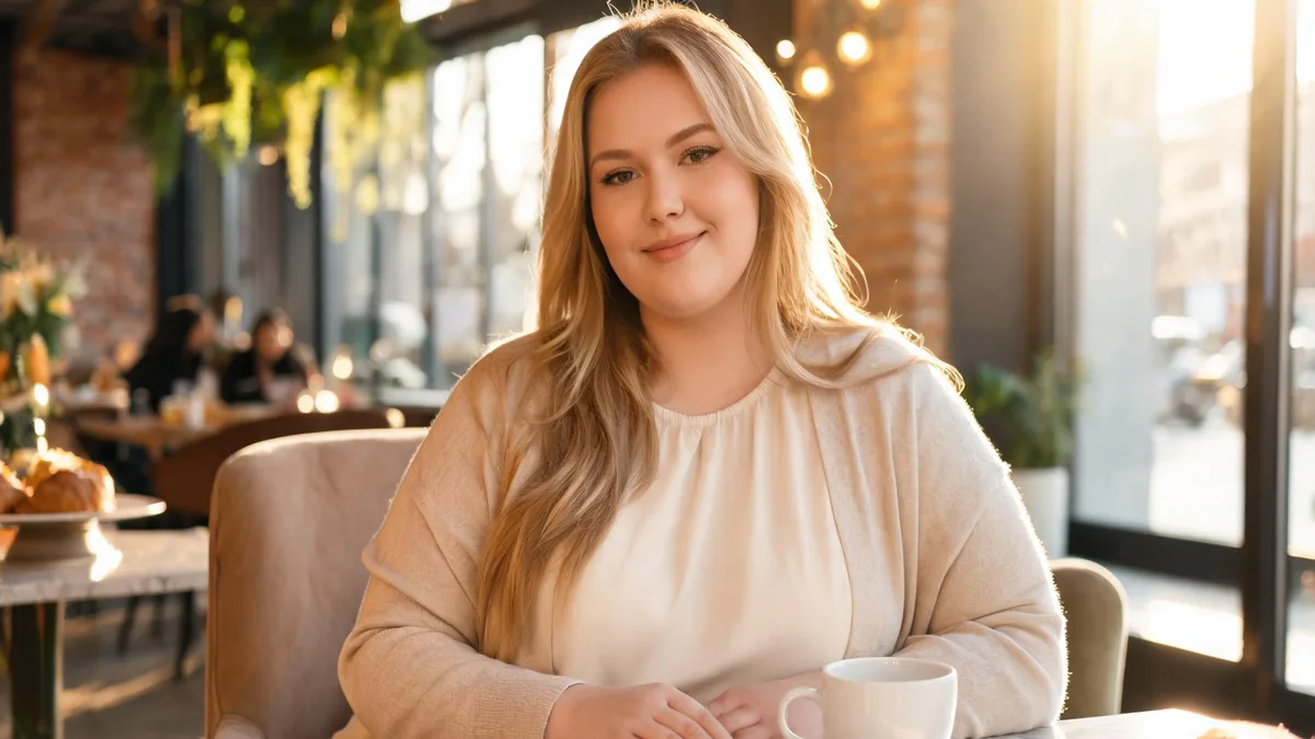 BBW AI girlfriend with a warm gentle smile, the body-positive confidence at the heart of the term Big Beautiful Woman