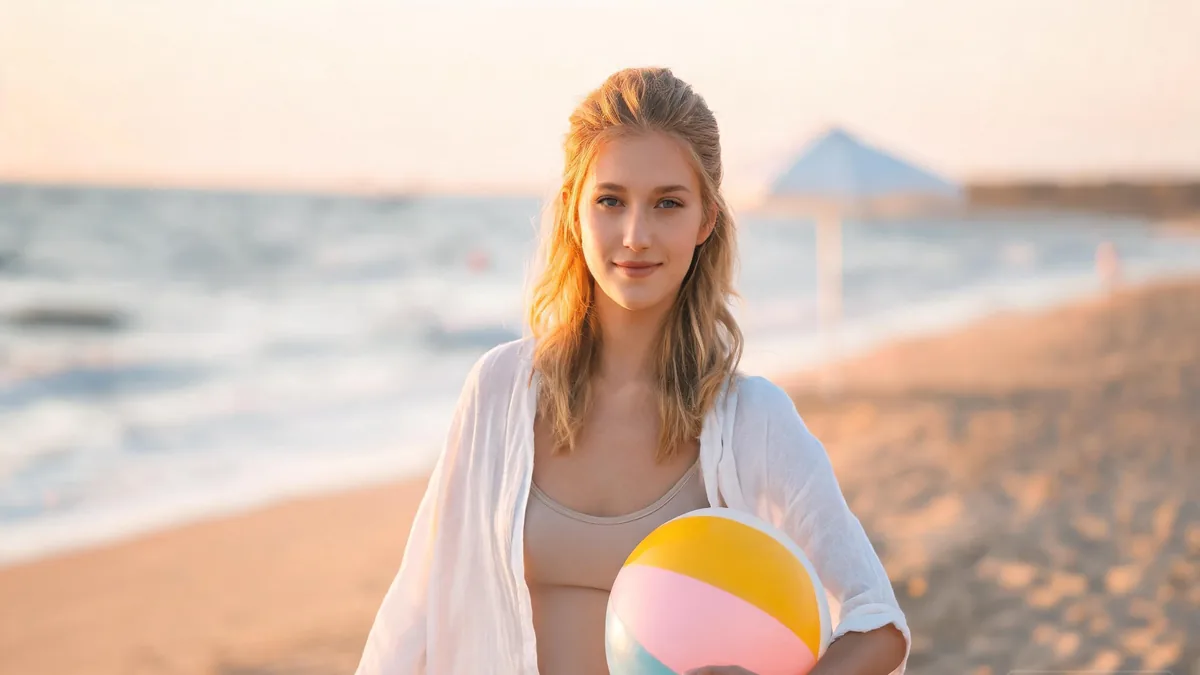 Beach episode AI girlfriend in a casual swimsuit and cover-up, holding a beach ball at a sunlit shore, ready for a summer vacation roleplay