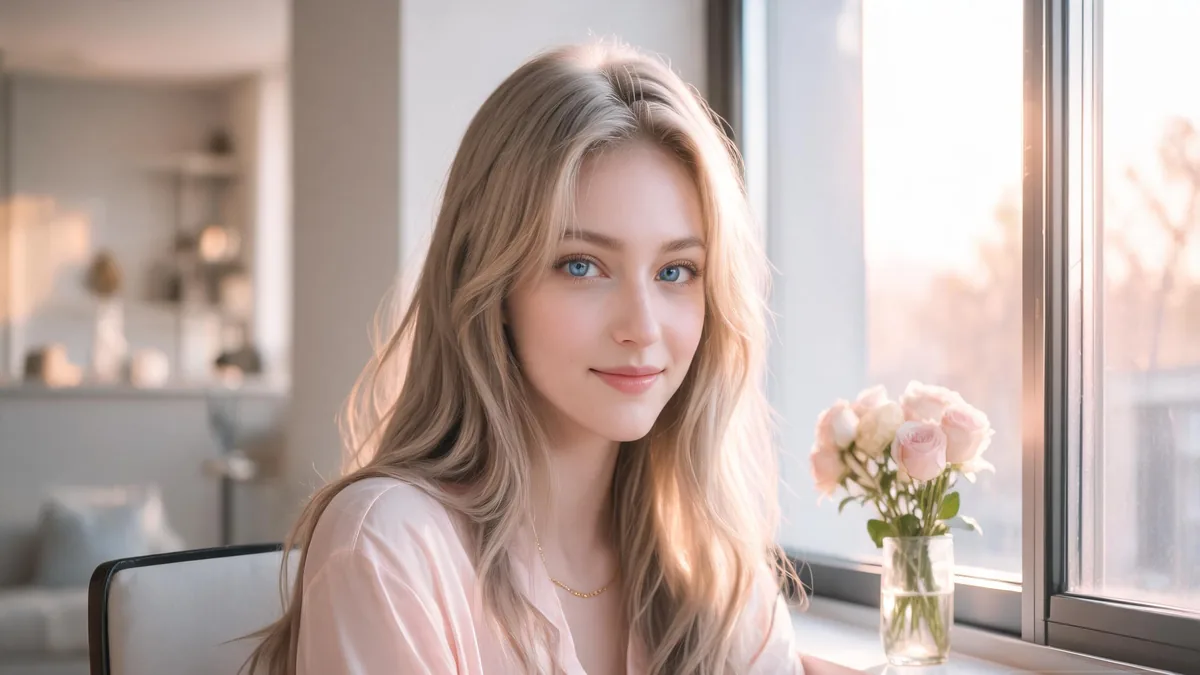 Bishojo AI girlfriend with the soft anime-style cuteness, warm smile and big expressive eyes that define the bishojo look