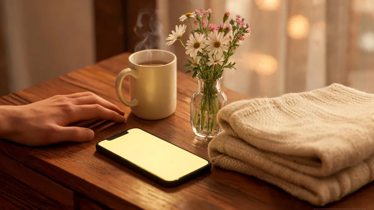 Caring AI girlfriend companion experienced through a chat app, warm attentive presence any time you open your phone