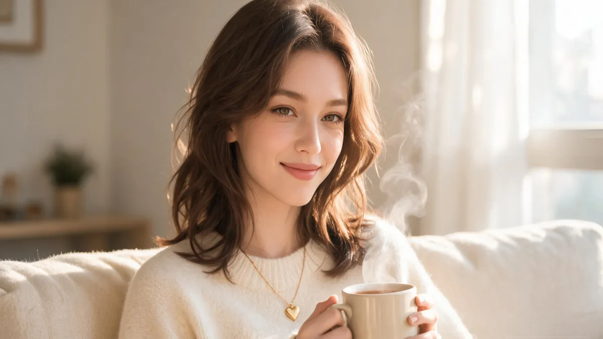 Caring AI girlfriend with a warm gentle smile, holding a mug of tea, the picture of attentive thoughtful presence that defines the caring type