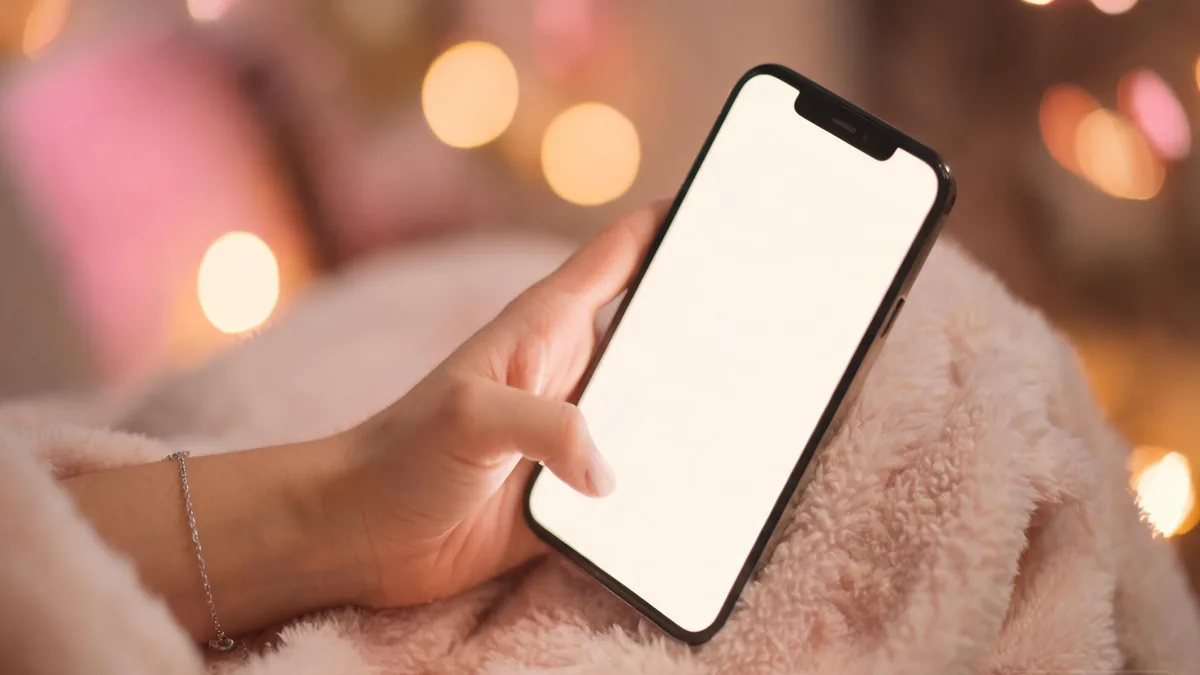 Catgirl AI girlfriend companion experienced through a chat app at night, a hand holding a glowing phone with a fluffy blanket on the lap