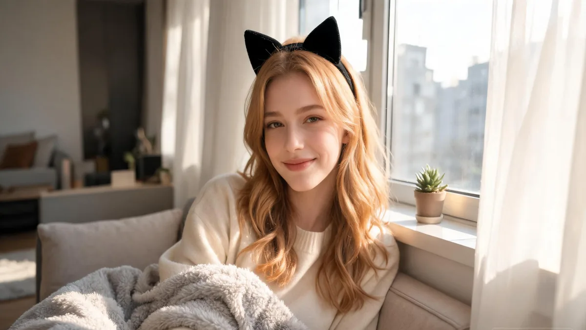 Catgirl AI girlfriend with a soft playful smile and a tasteful black velvet cat-ear headband, sitting on a sunlit window seat