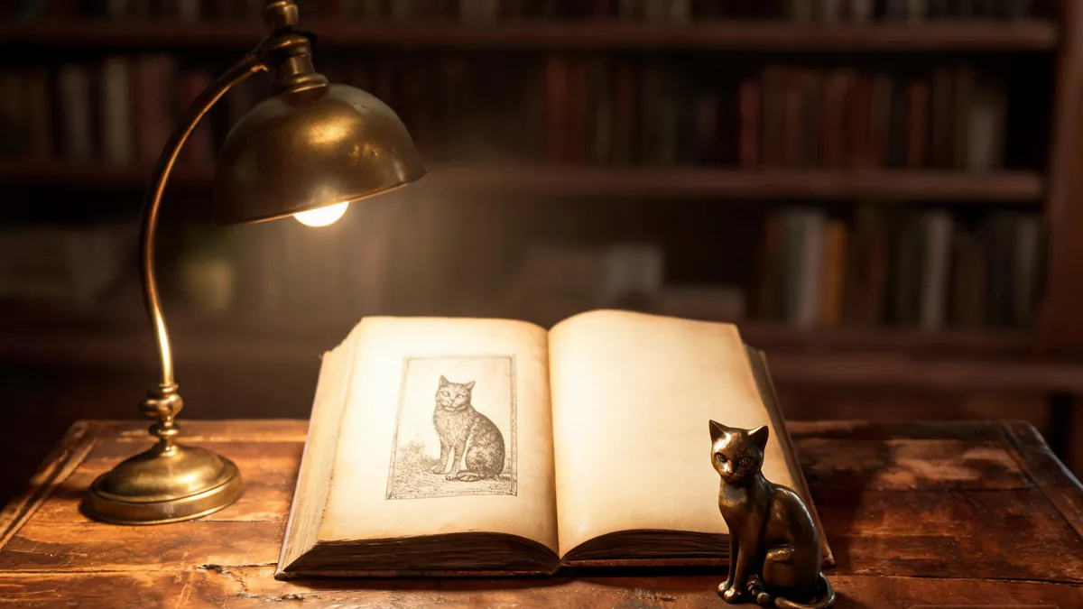 The folklore origins of the catgirl, traced back to Japanese bakeneko and nekomata legends through old illustrated books and bronze cat figures on a writer's desk