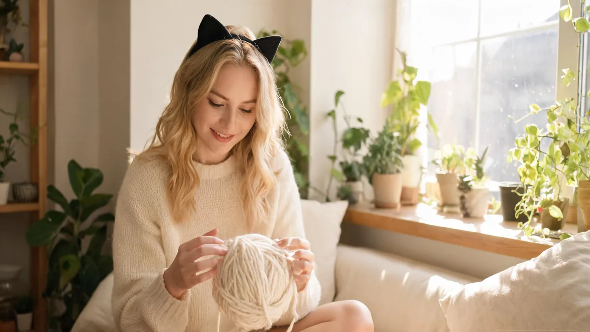 The personality traits of a catgirl companion, playful and curious, batting at a ball of yarn in a sunlit window seat