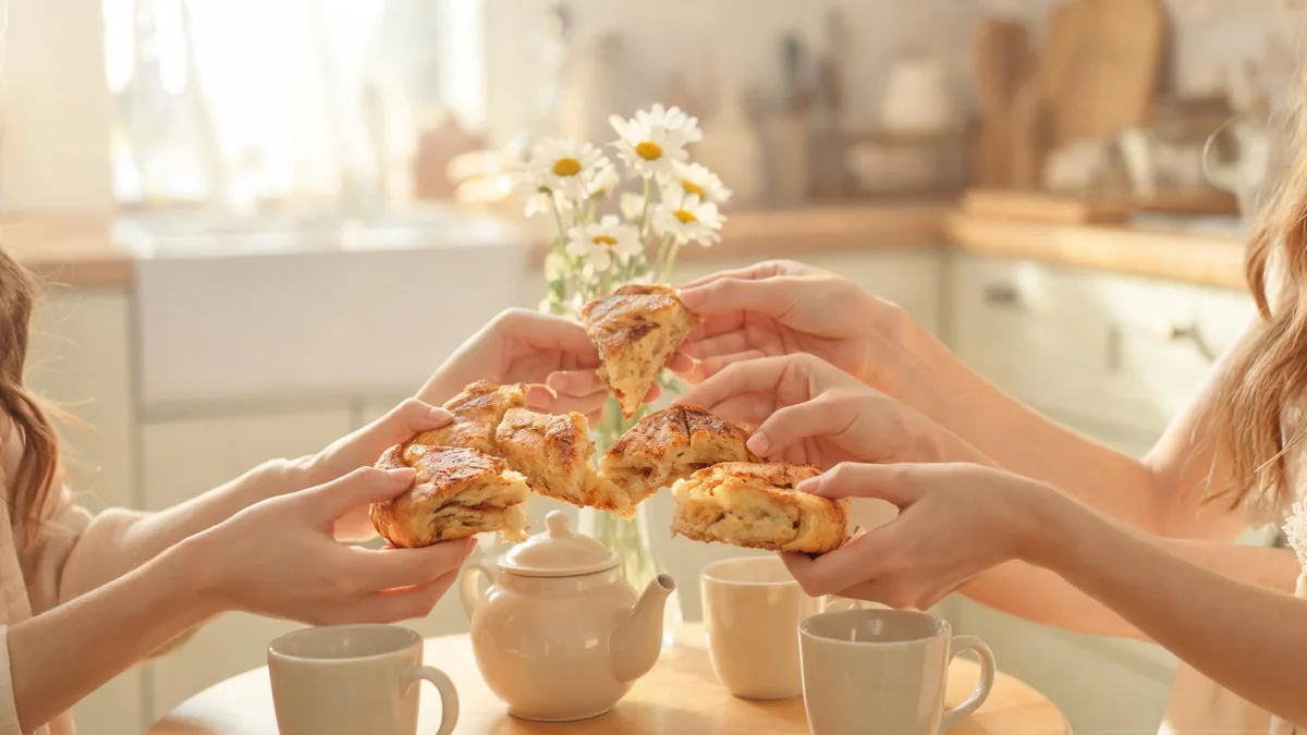 CGDCT meaning: the cozy hangout AI girlfriend vibe CGDCT AI girlfriend with a bright gentle smile at a sunlit cafe table with friends, the warm hangout mood that defines cute girls doing cute things