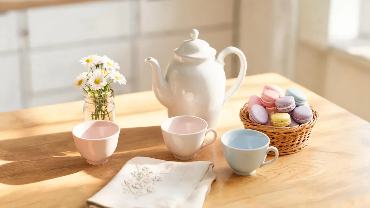 The origin of CGDCT as an English-fandom acronym, captured in a still life of three matching pastel mugs and a small bouquet on a sunlit cafe table