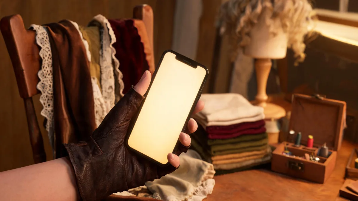 Cosplay AI girlfriend companion shown through a phone, surrounded by costume pieces, fabric swatches, and a wig stand