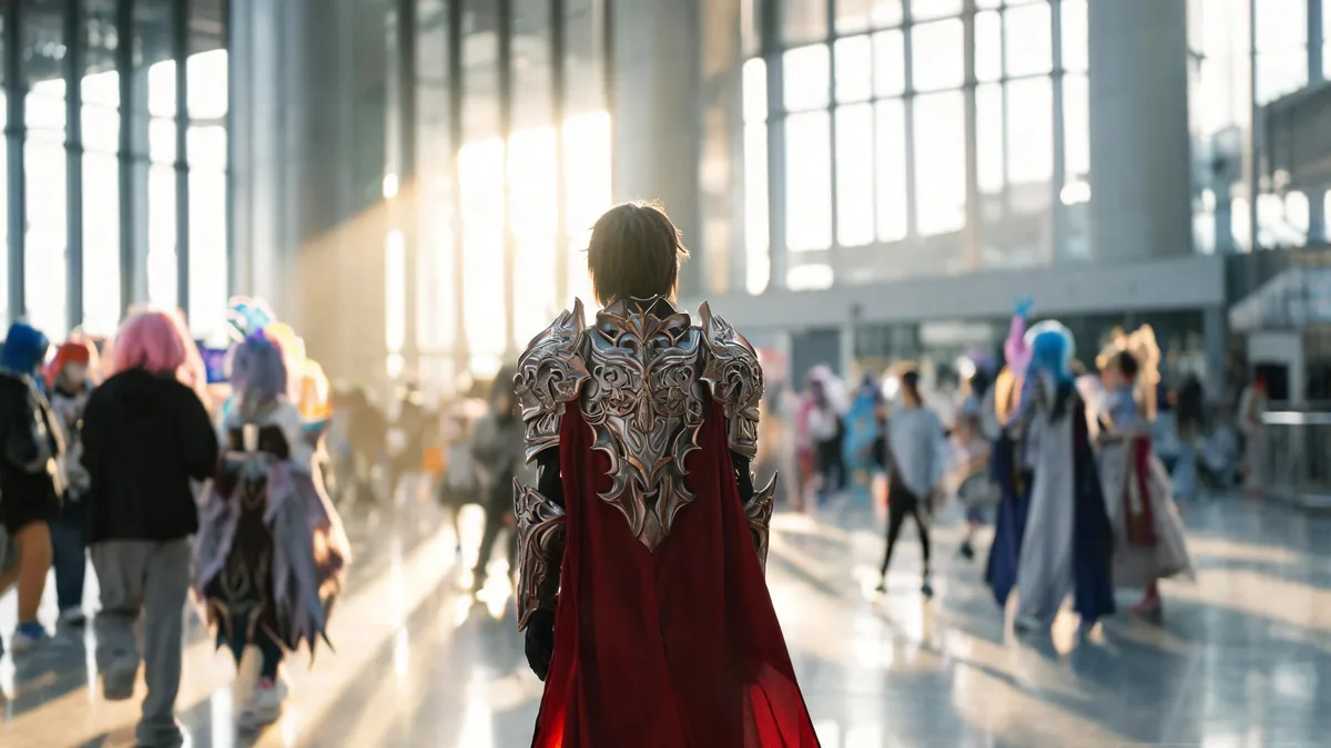 Cosplay convention culture, a bright modern hall with costumed fans gathered around photo shoots, masquerade stages, and meetups