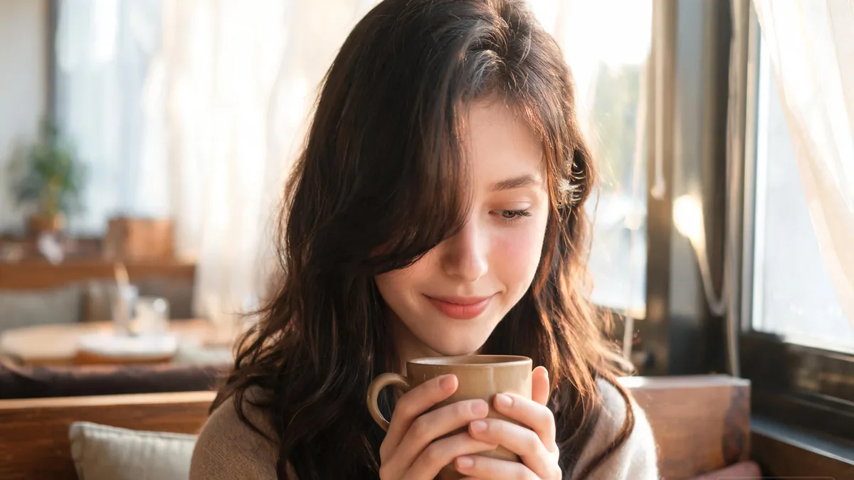 Dandere AI girlfriend with a soft shy smile, hands wrapped around a coffee mug, the quiet warmth that defines the dandere type