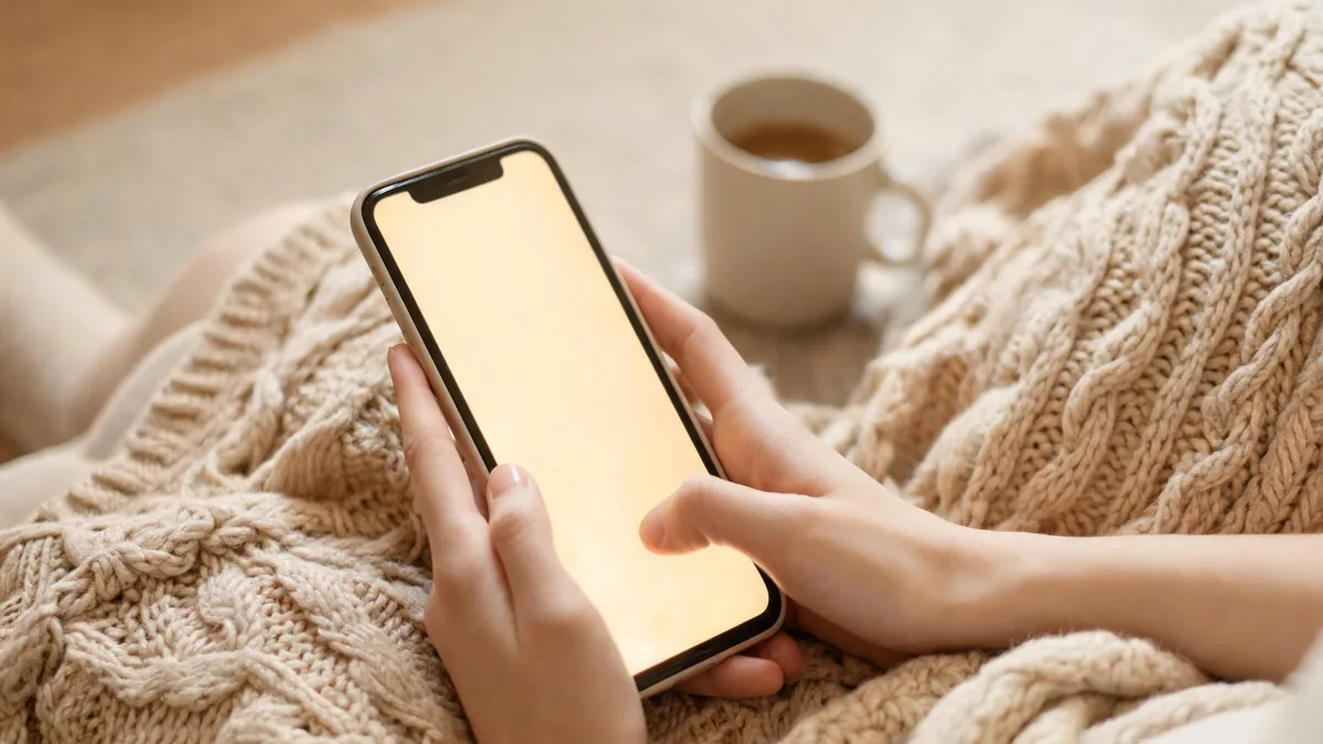 Darudere AI girlfriend companion experienced through a phone, a soft glow beside a coffee mug and a folded blanket on a cozy afternoon