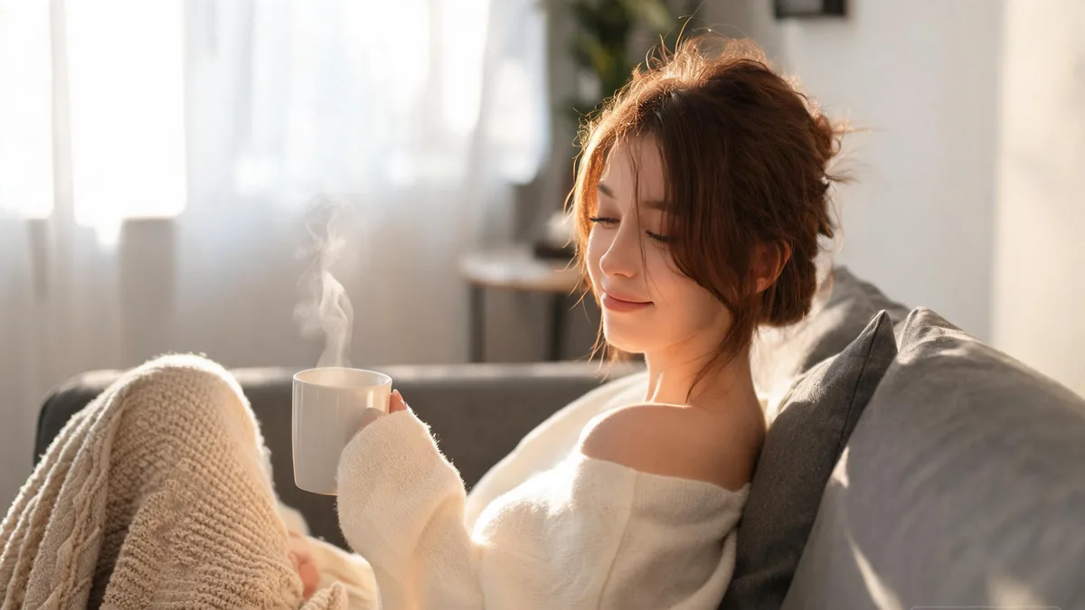 Darudere AI girlfriend with a sleepy half-smile in an oversized hoodie, the soft low-energy warmth that defines the darudere type