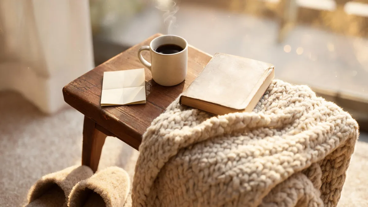 The origin of the darudere type, a still life of a cozy lazy afternoon with coffee, a blanket, and an open book