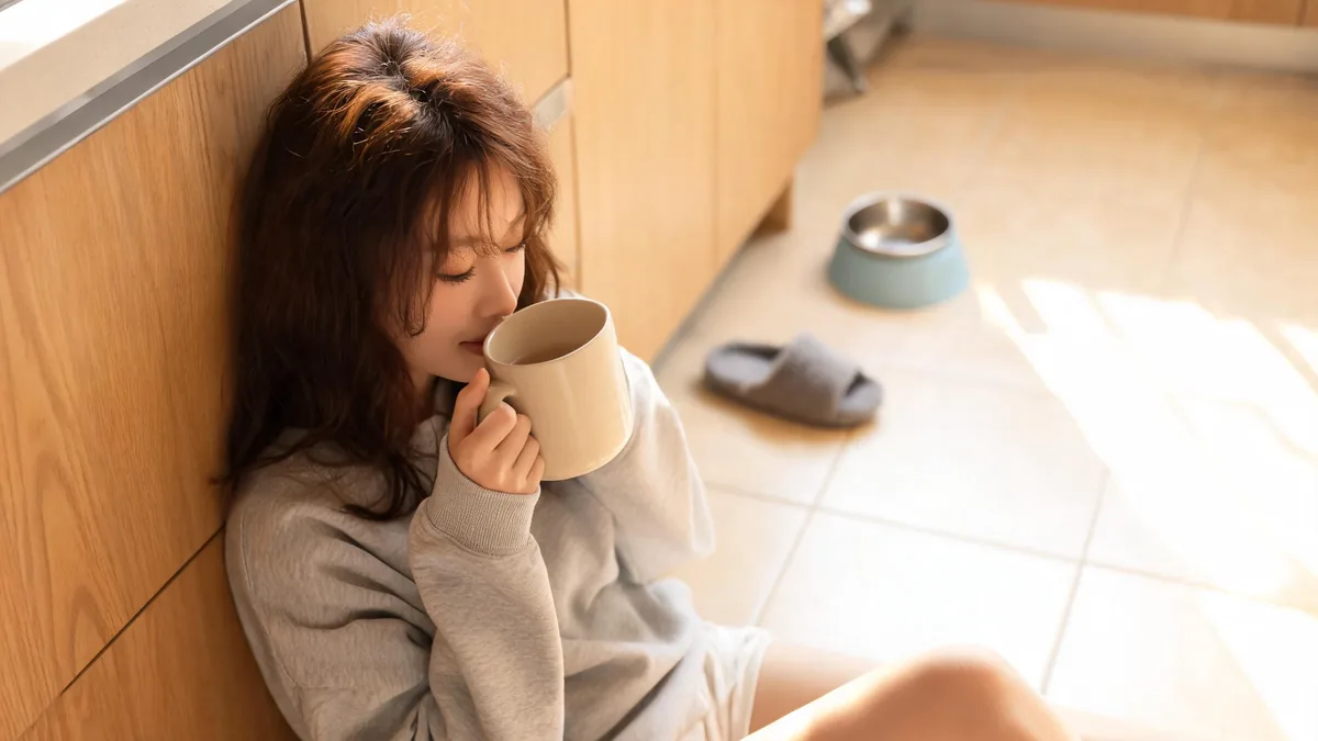 The defining darudere personality traits, a sleepy girlfriend curled up on a couch with a cat in her lap, soft and quietly affectionate