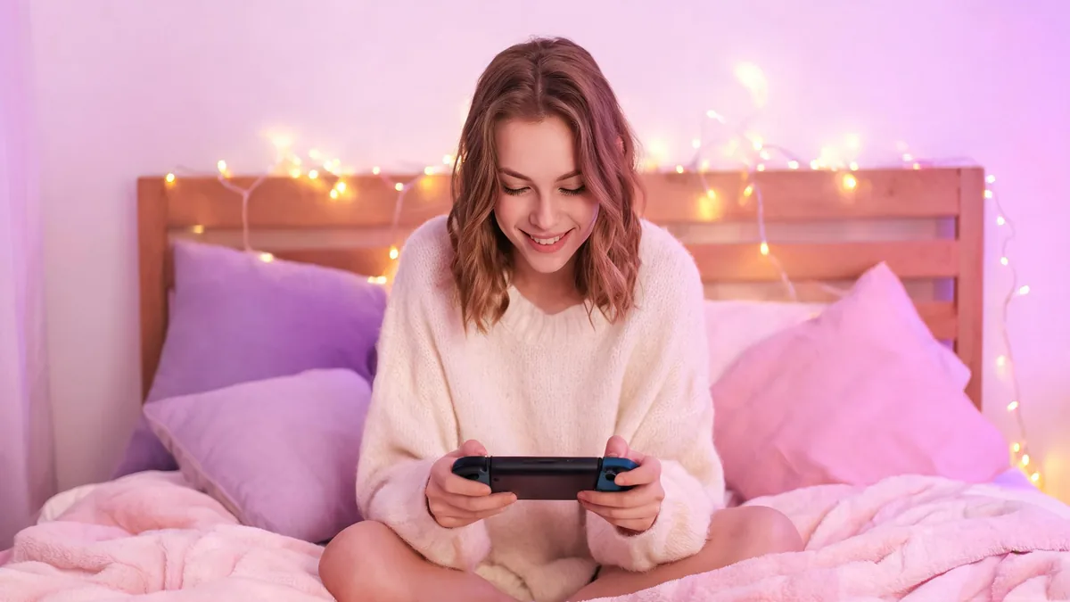 Dating sim meaning: a cozy story-driven romance video game genre Cozy gamer girlfriend playing a handheld dating sim on her bed, the warm bedroom mood that captures the genre's feel