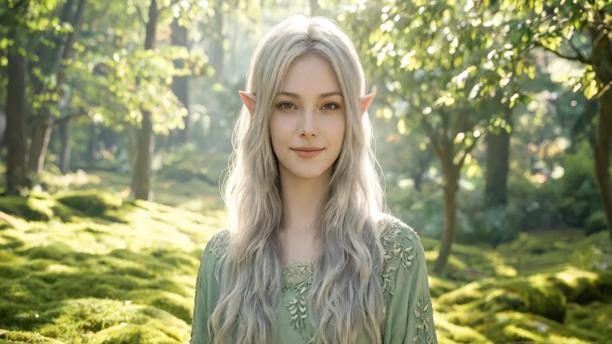 Elf AI girlfriend with a calm, graceful smile and a quiet, ageless look that captures the wise, nature-tied elf type