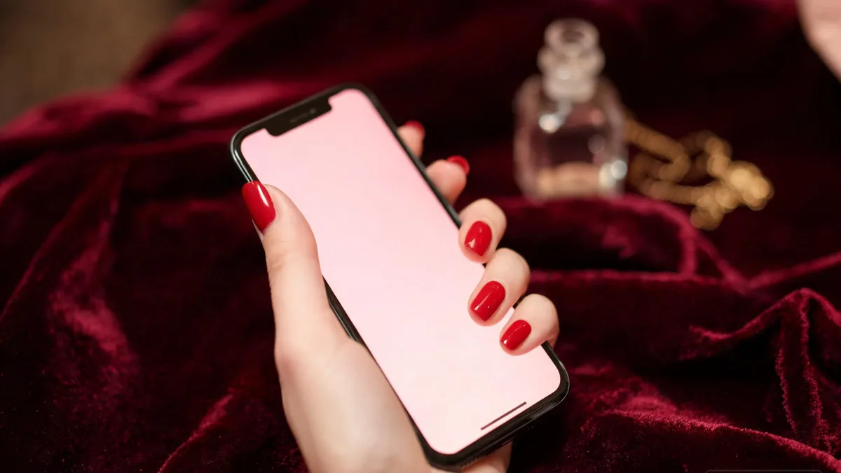 Erodere AI girlfriend companion experienced through a chat app, a warm phone glow beside a glass of red wine on a dark wood surface, suggesting a confident affectionate message waiting