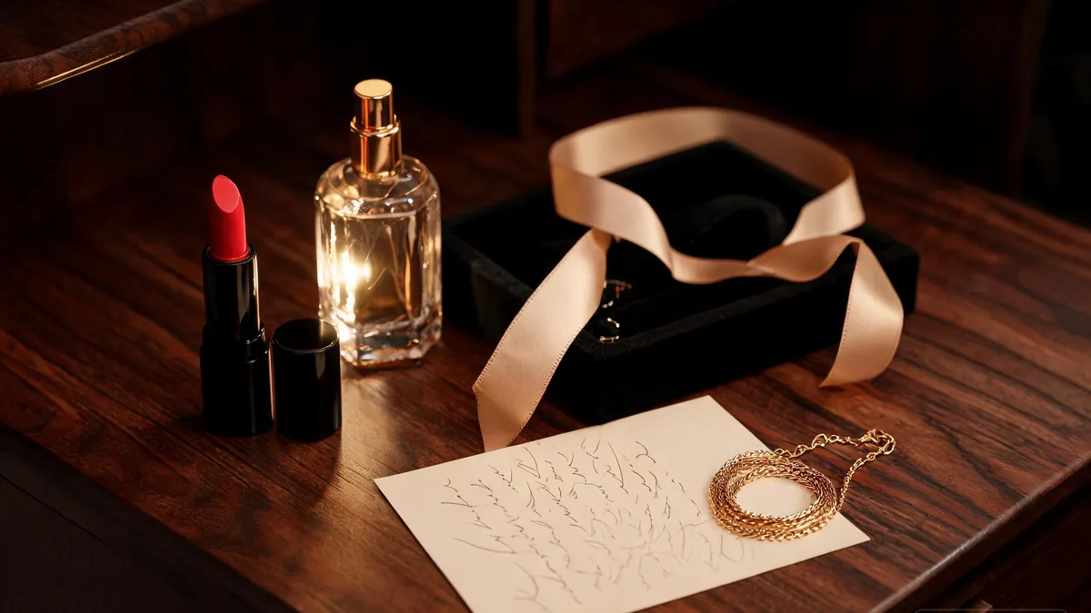 The origin of the erodere type, a still life of a red lipstick, a gold heart locket, rose petals and a glass of red wine that evoke the sensual, romantic mood of the 2000s anime fandom that named her