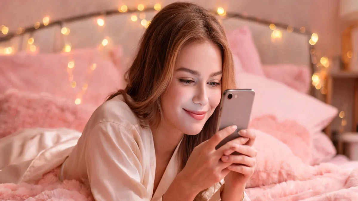 Erotic chat meaning: a slow, story-driven adult conversation Erotic chat meaning shown through an AI girlfriend companion in a soft, tasteful evening scene with a phone close at hand