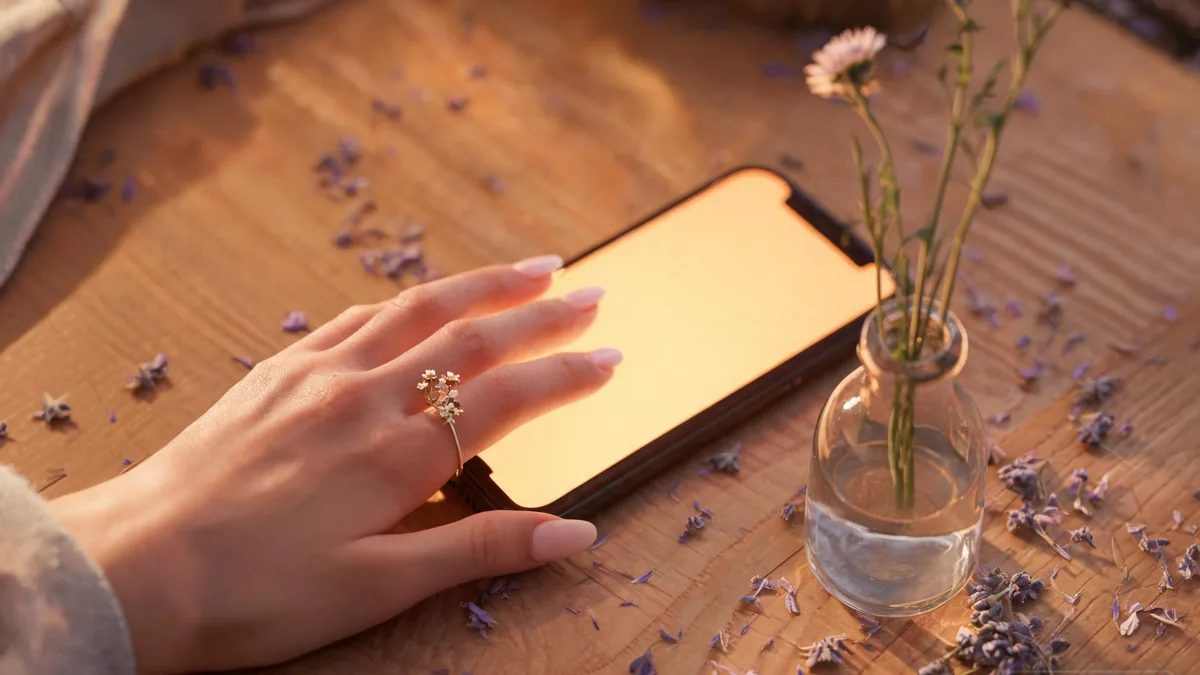 Fairy AI girlfriend companion shown through a phone with a warm glow, a small wildflower in a glass, and scattered lavender petals on a wooden surface