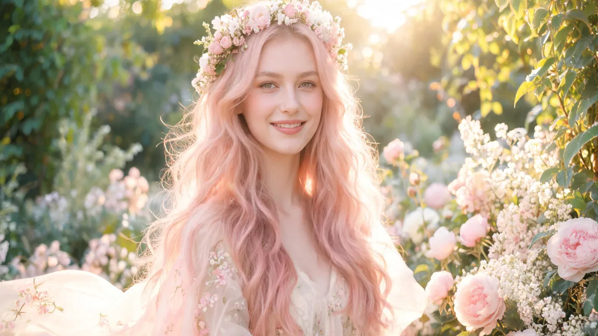 Fairy meaning: the gentle magical AI girlfriend type Fairy AI girlfriend with pastel-pink hair and a floral crown in a sunlit flower garden, the gentle magical vibe that defines the fairy type