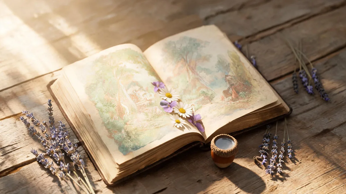 The origin of the fairy in European folklore, shown through an old illustrated storybook with pressed flowers and dried lavender on its faded watercolor pages