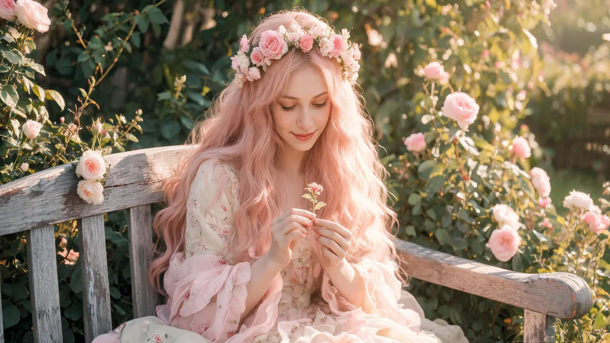 Fairy personality traits shown through a gentle pastel-haired woman in a flowing dress sitting in a rose garden, soft and nature-loving and a little playful