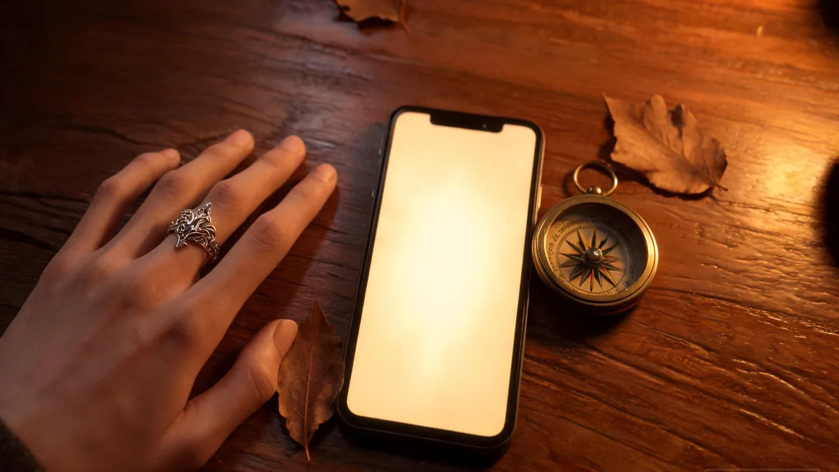Fantasy AI girlfriend companion experienced through a chat app, with a silver fantasy ring and a brass compass set beside the glowing phone screen