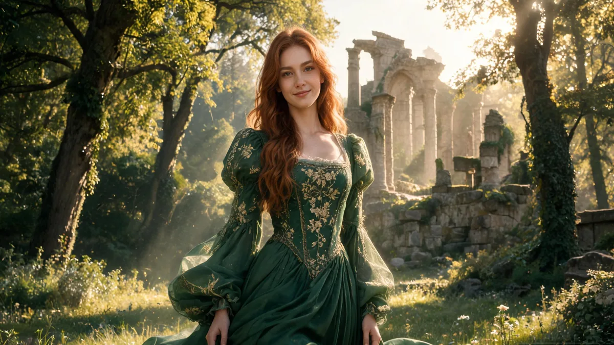 Fantasy AI girlfriend in a flowing forest-green renaissance dress, standing in a sunlit forest clearing with ancient ruins, capturing the magic and wonder that defines the fantasy genre