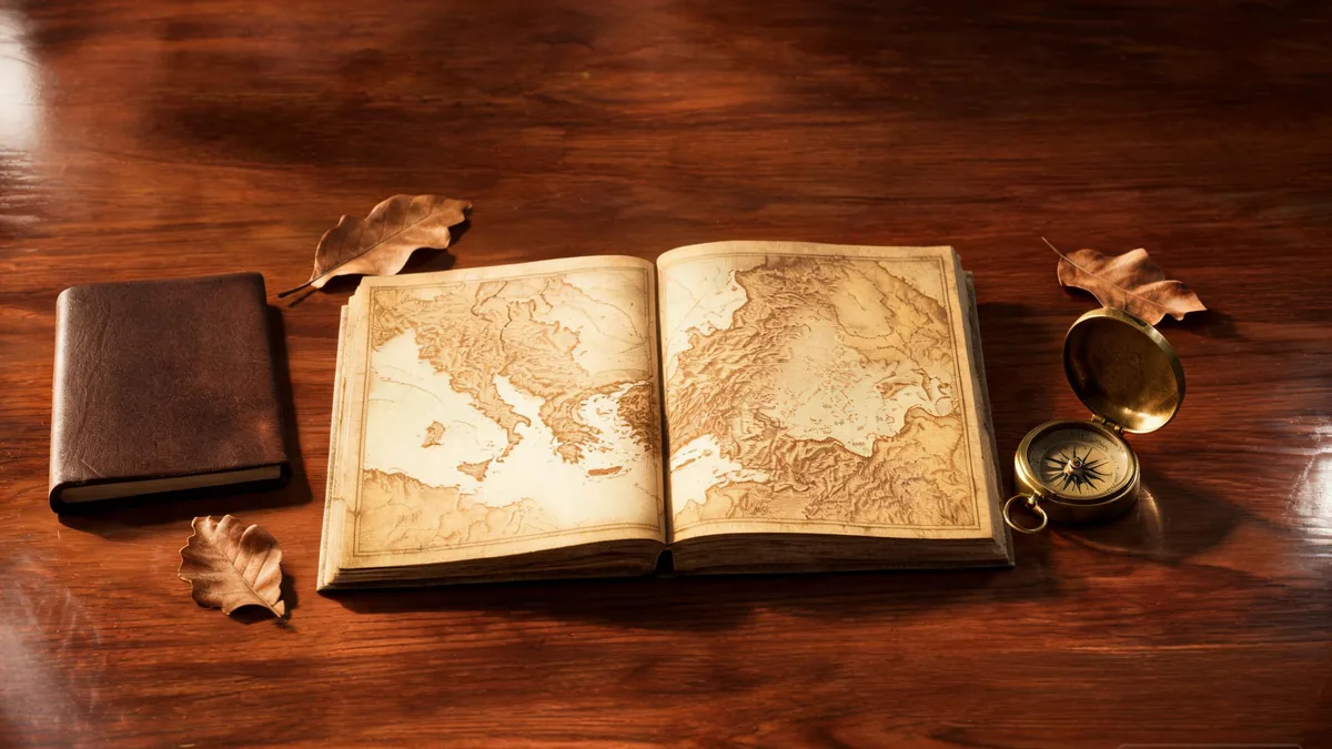 The origin of fantasy as a genre, with antique illustrated books, a brass compass, and faded maps standing in for the imagined worlds the genre is built around