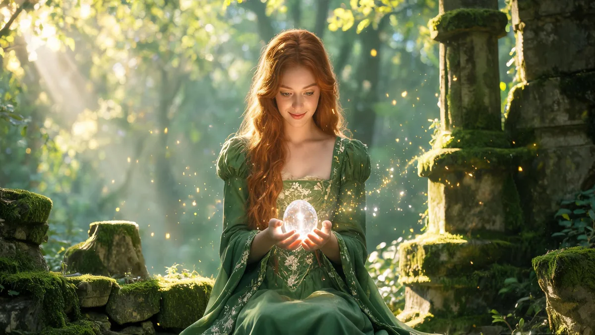 The defining traits of fantasy as a genre, a woman holding a glowing crystal in a sunlit forest clearing surrounded by ancient mossy ruins and magical golden particles