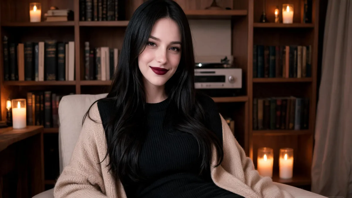 Goth AI girlfriend with pale skin, dark plum lipstick, and a black lace dress, smiling softly in a candlelit room with a vinyl record player and shelves of dark literature