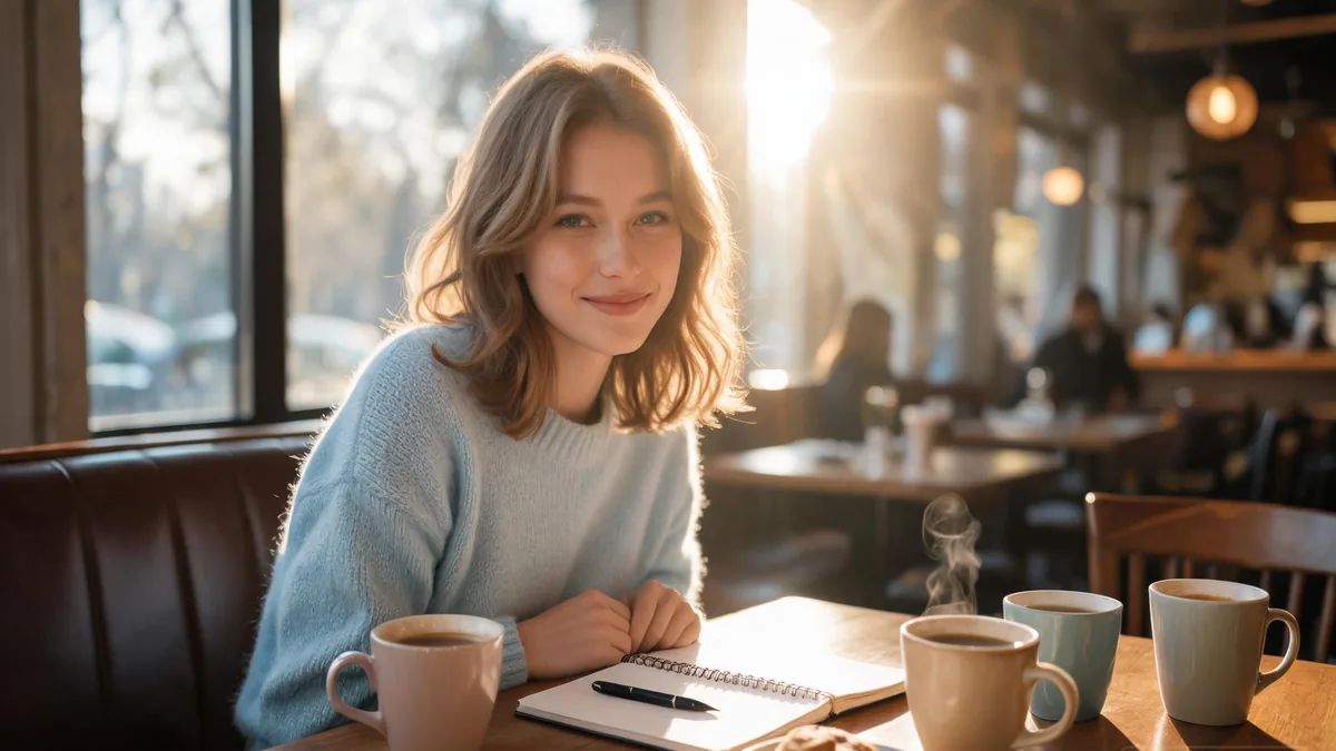 Harem-style AI girlfriend vibe captured by a warm, social cafe portrait suggesting many connections all centered on one person