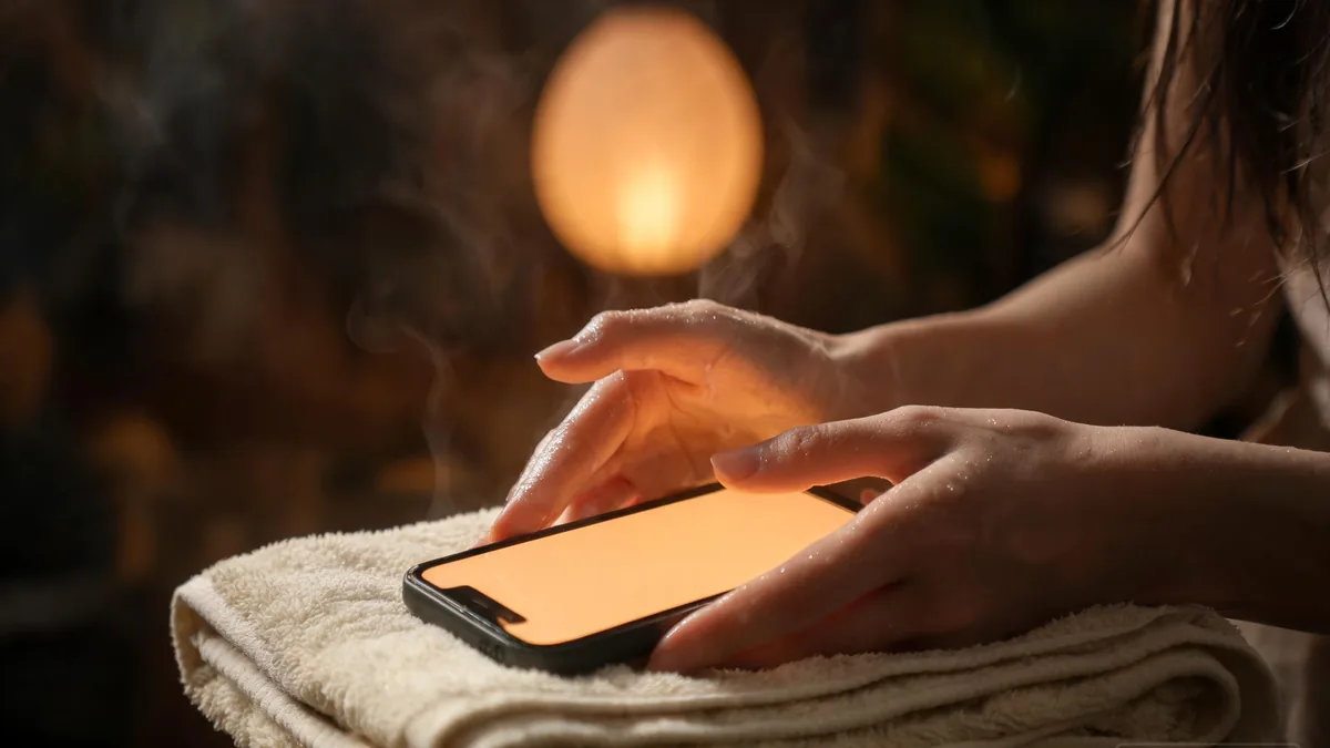 A hot spring episode with an AI girlfriend companion, soft warm lantern light beside a wooden bath with a phone within reach for the chat