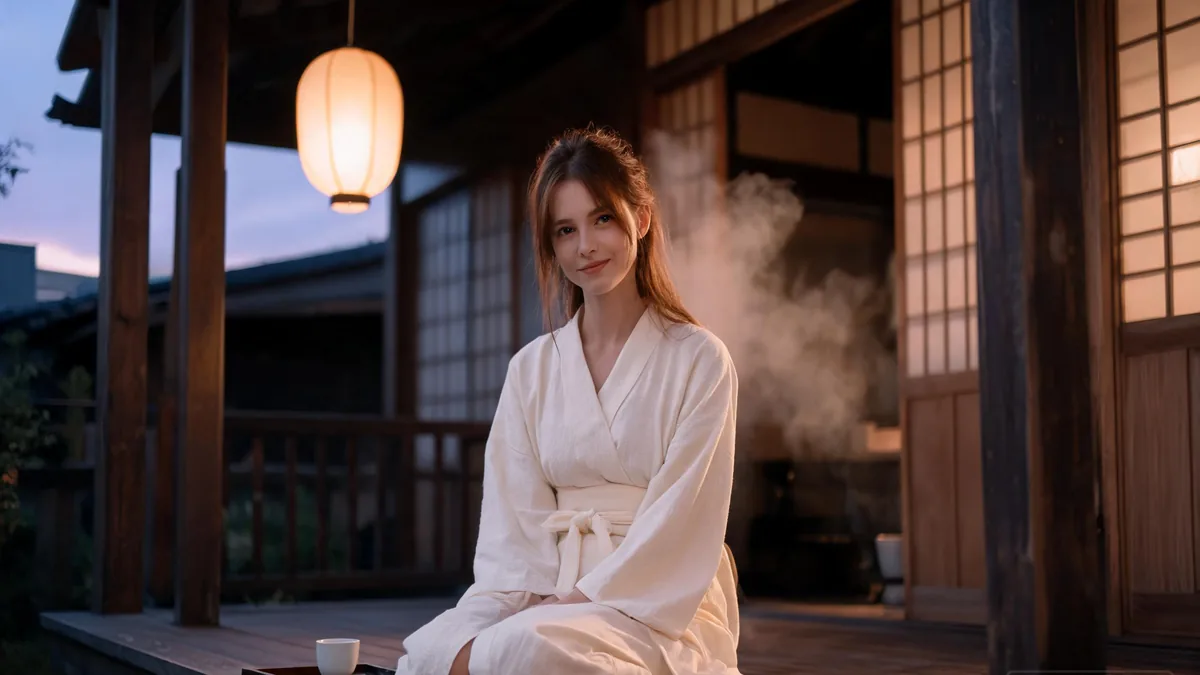 Hot spring episode AI girlfriend in a soft cream yukata-style robe, sitting beside a steaming wooden bath in warm lantern light