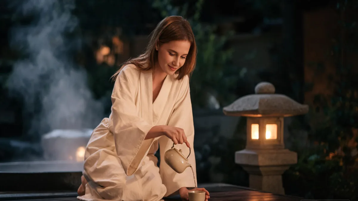 The defining traits of the hot spring episode, a quiet evening at the onsen with a companion wrapped in a yukata-style robe beside a wooden tub
