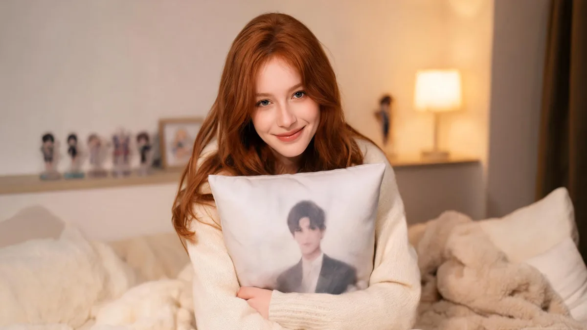 Husbando meaning: the fictional male character a fan claims as hers A fan happily holding a small male anime figurine in a cozy bedroom, the everyday picture of what it means to claim a husbando