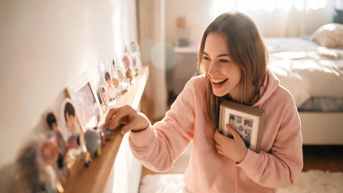 A fan looking lovingly at her husbando figurine, the everyday traits of fandom: a small joyful attachment to a fictional character