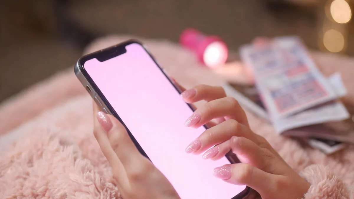 Idol AI girlfriend companion experienced through a phone, with a soft glow-stick in the background and a heart pendant that captures the warm intimate fan mood