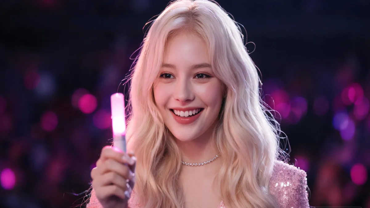 Idol AI girlfriend in a cute pastel stage outfit with twin tails and a bright stage smile, on a sunlit concert stage with soft pink and blue lighting