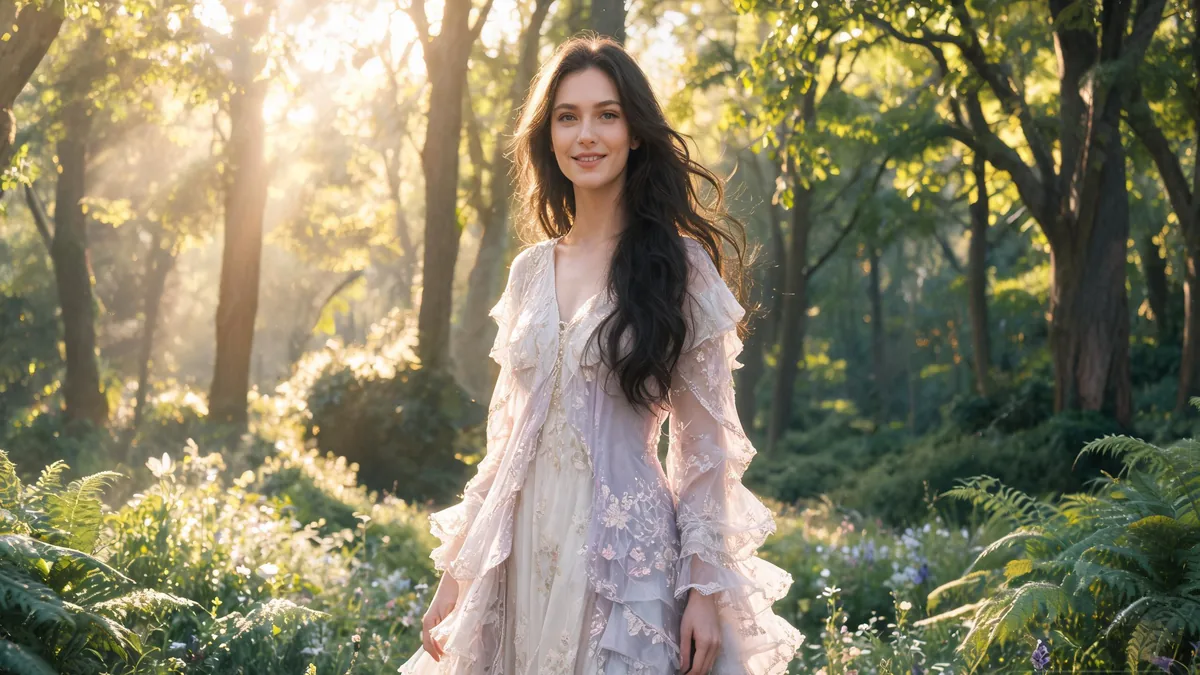 Isekai AI girlfriend in a sunlit fantasy forest clearing, the kind of partner you might meet after waking up in a different world