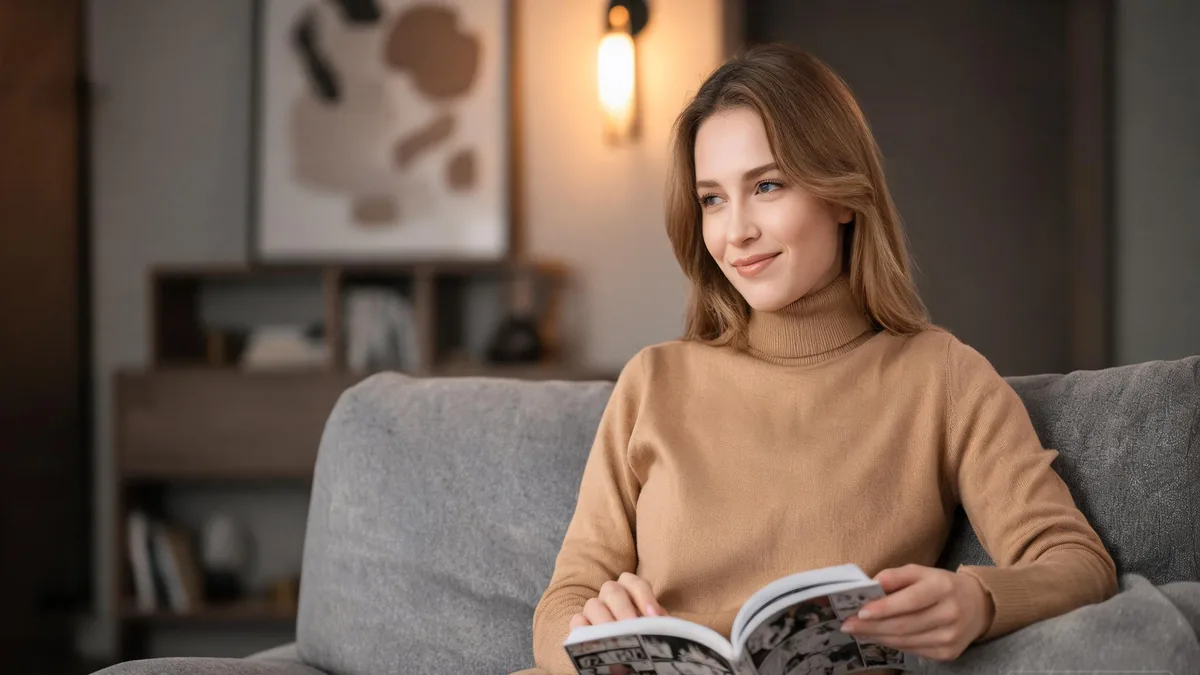 The defining josei traits, a thoughtful adult woman reading at a sunlit cafe in a warm grown-up slice-of-life moment