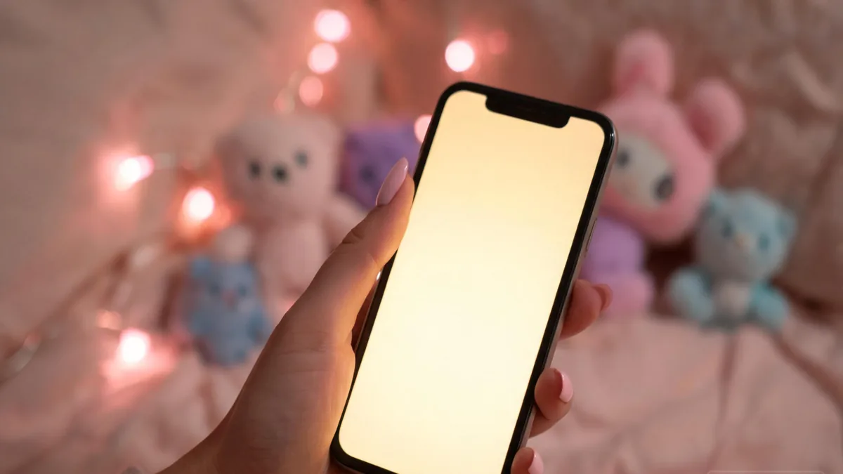 Kawaii AI girlfriend companion experienced through a chat app at night, with soft pink fairy lights and pastel plushies for a cute cozy mood