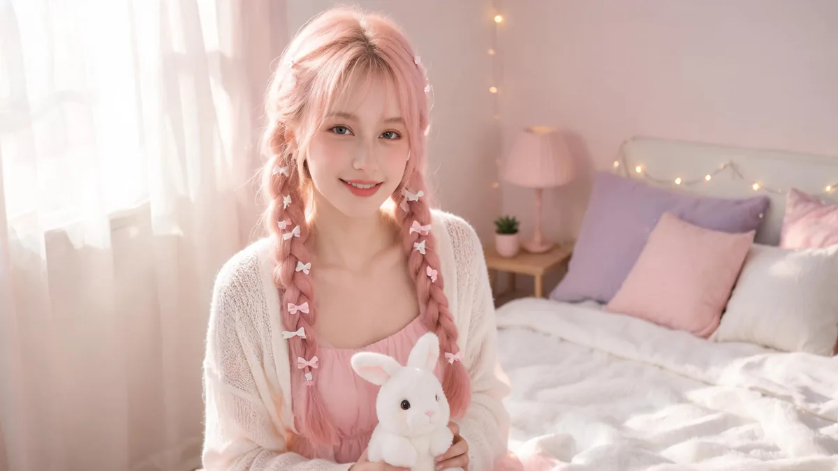Kawaii AI girlfriend with soft pastel-pink hair in twin braids and a bright smile, the cute friendly look that defines the kawaii style