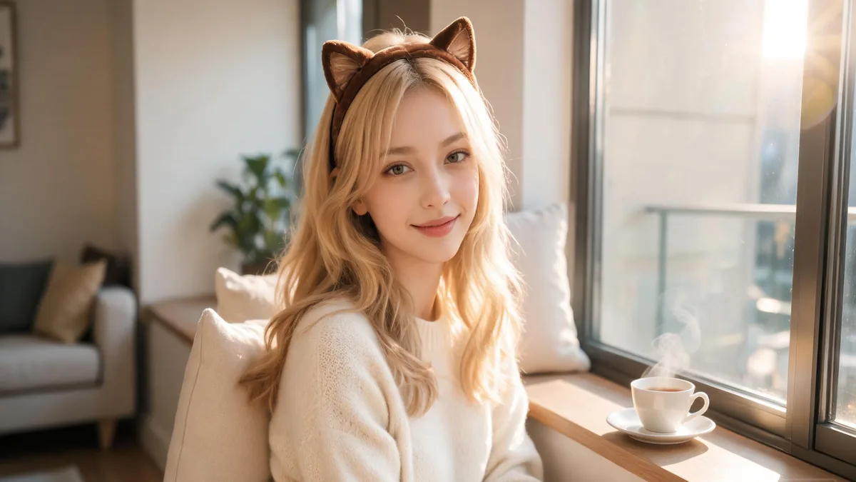Kemonomimi meaning: the animal-eared AI girlfriend type Kemonomimi AI girlfriend with a soft cat-ear headband and a gentle playful smile, the animal-eared charm that defines the kemonomimi type