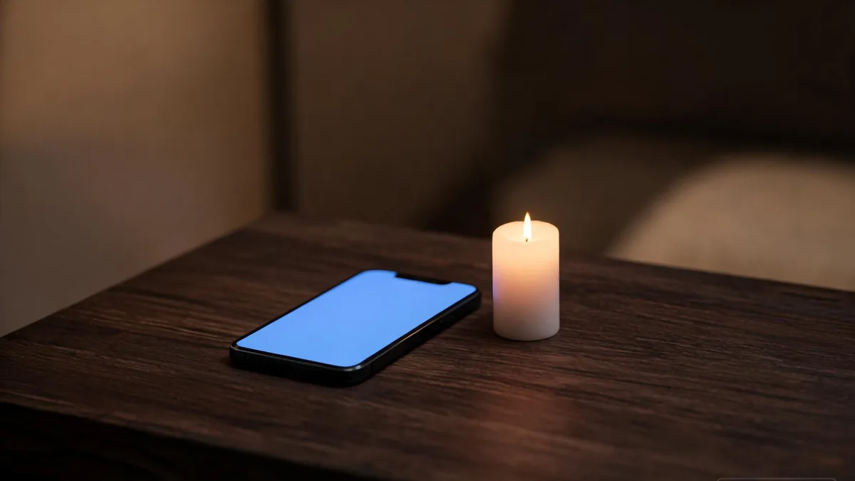 Kuudere AI girlfriend companion experienced through a chat app at night, with calm composed attention waiting whenever you reach for your phone