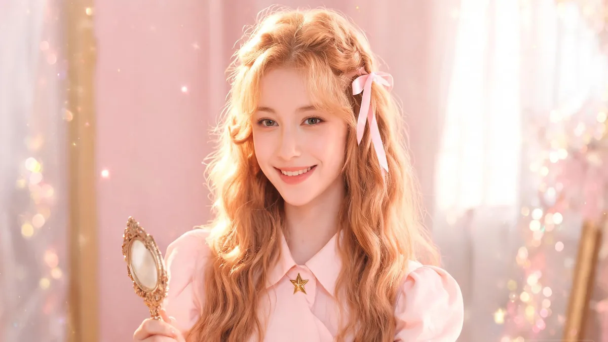 Magical girl AI girlfriend with pastel pink twintails and a sparkly wand, smiling in a sunlit park full of cherry blossoms