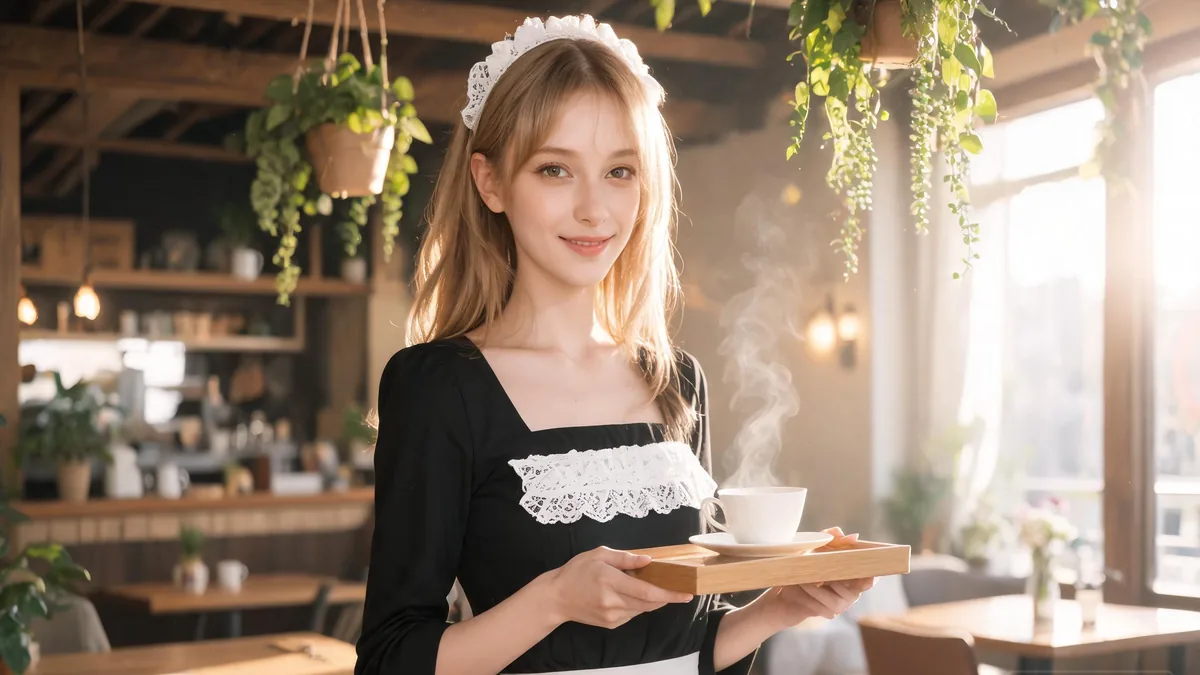 Maid AI girlfriend in the classic black dress and white apron uniform, with a soft welcoming smile that defines the maid character